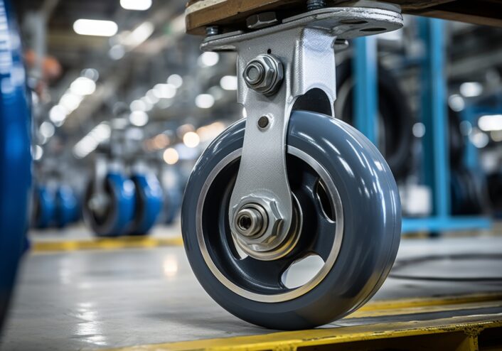Rodízio de um carrinho industrial em destaque em ambiente de armazenamento, representando manutenção de carrinho industrial.