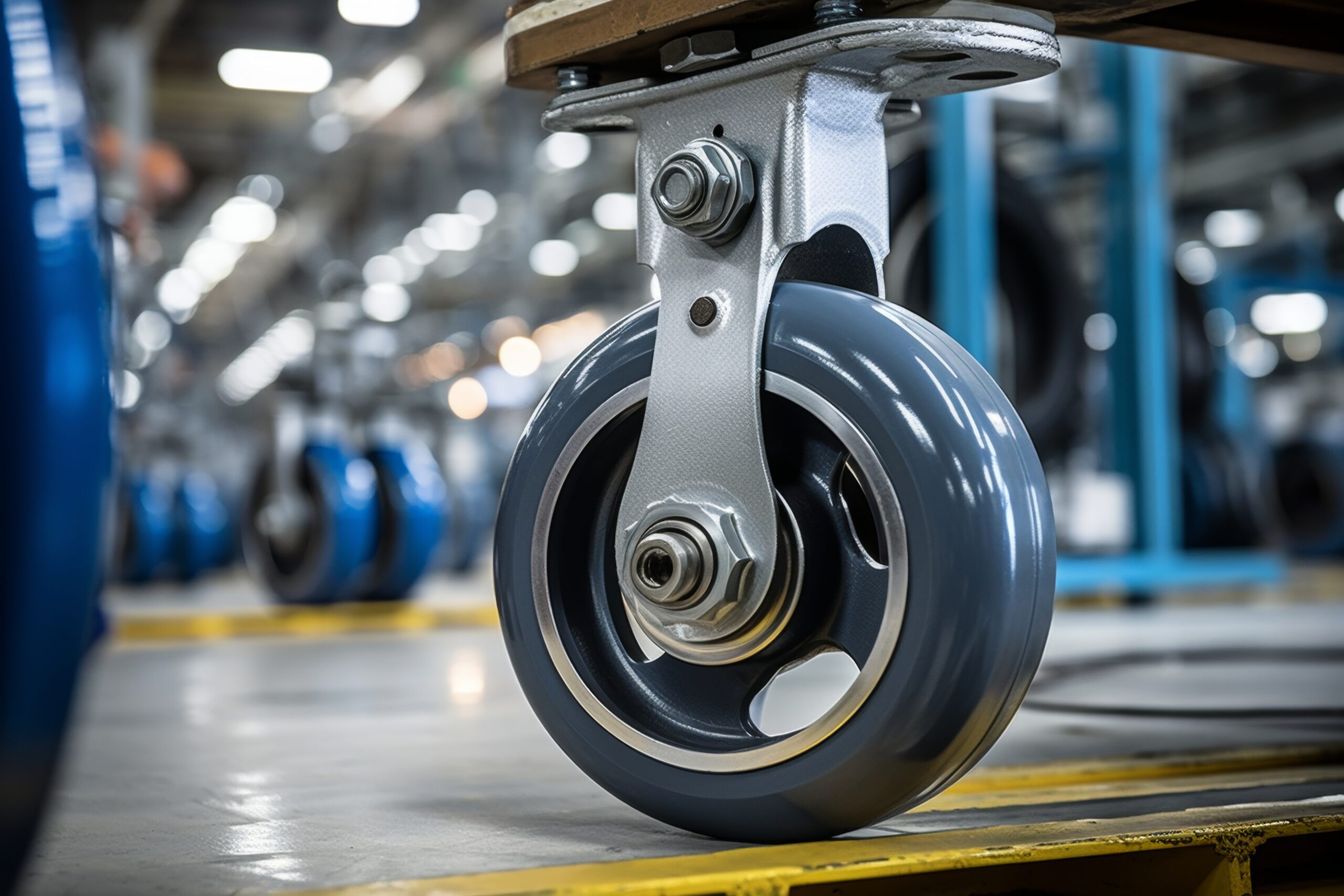 Rodízio de um carrinho industrial em destaque em ambiente de armazenamento, representando manutenção de carrinho industrial.